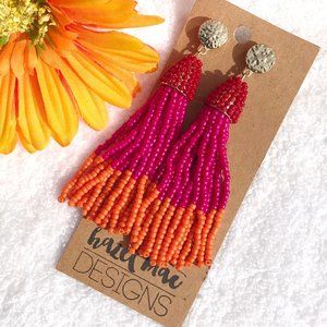 Boho Earrings Tassel Bead Drop Posts Orange & Pink